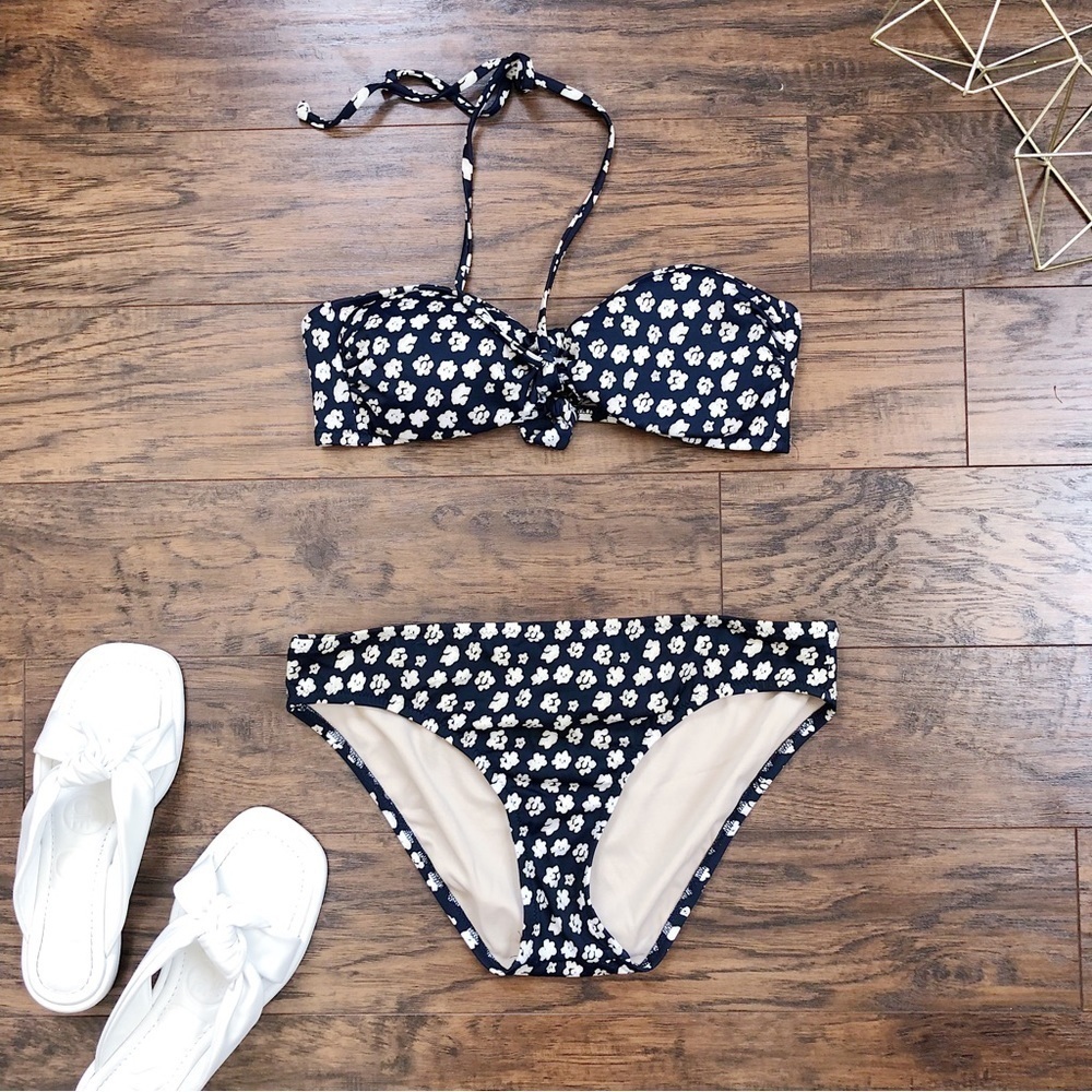 J Crew • navy floral bikini two piece bandeau halter swimsuit swim top bottoms